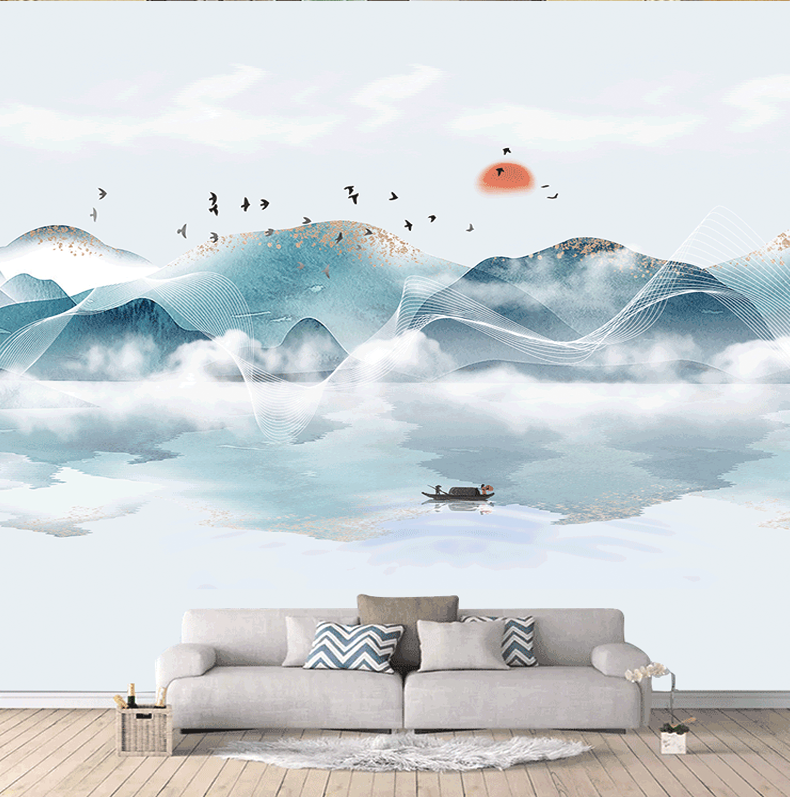 山水画贴纸墙贴水墨贴纸防水山水意境墙画自粘墙纸墙贴客厅装饰背景墙