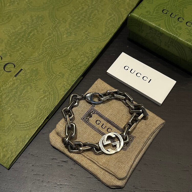 古驰(gucci) 手链银互扣式双g粗手链送男朋友 时尚 设计款潮手链 双g