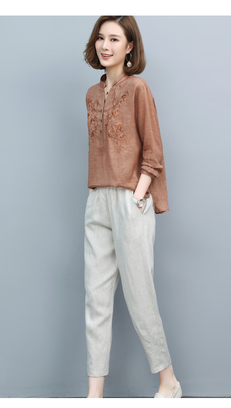 罗蒙特价捡漏棉麻套装2022新款春夏中年妈妈夏装苎麻亚麻两件套洋气中