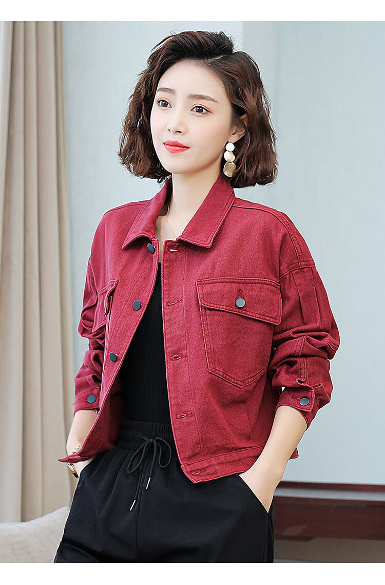 女装新款网红短款牛仔外套女2021年春款女装潮韩版宽松bf休闲红色工装