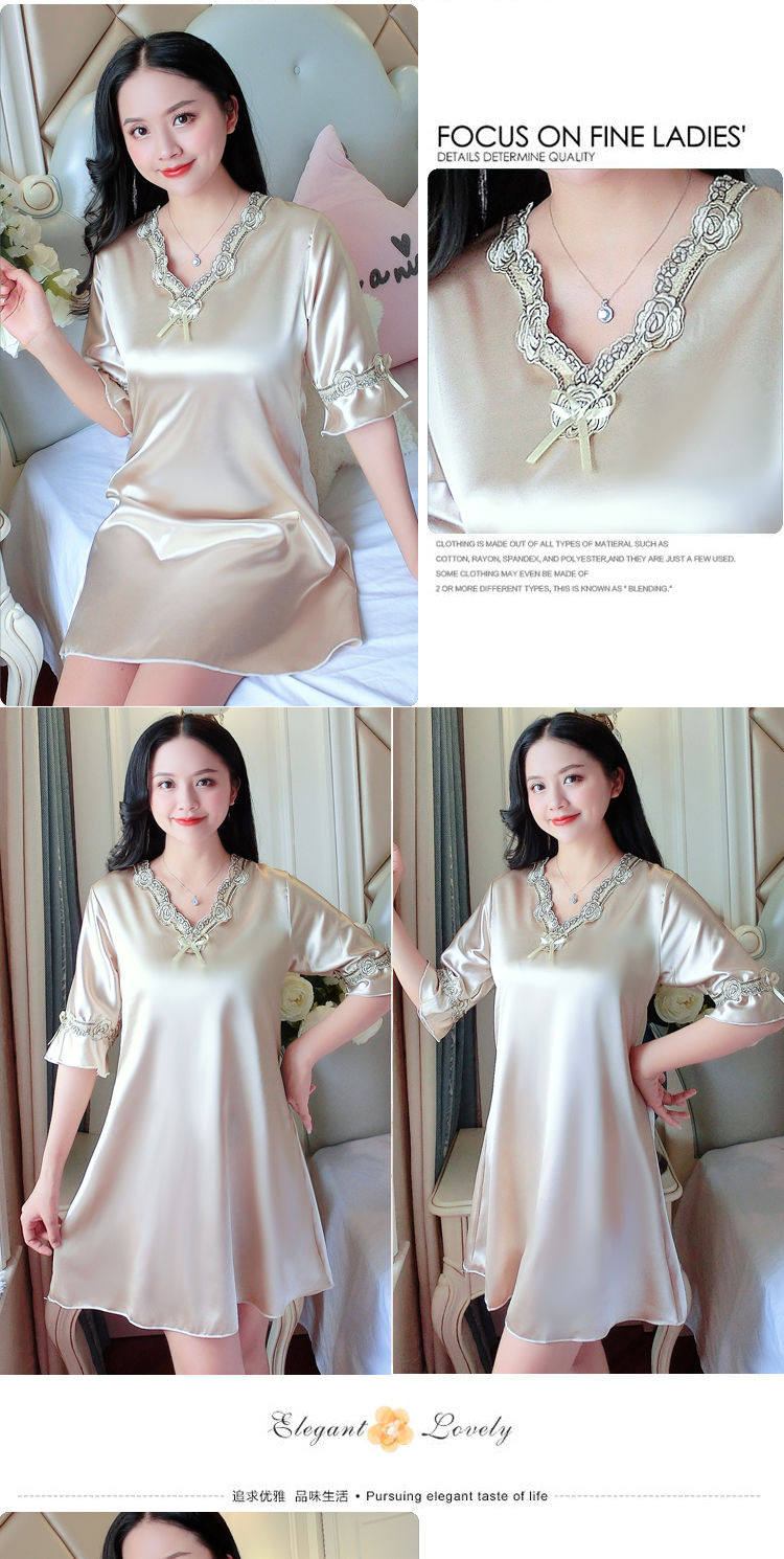 时尚睡裙女夏冰丝家居服连衣裙薄款短袖大码丝质睡衣女睡裙lj091红色m