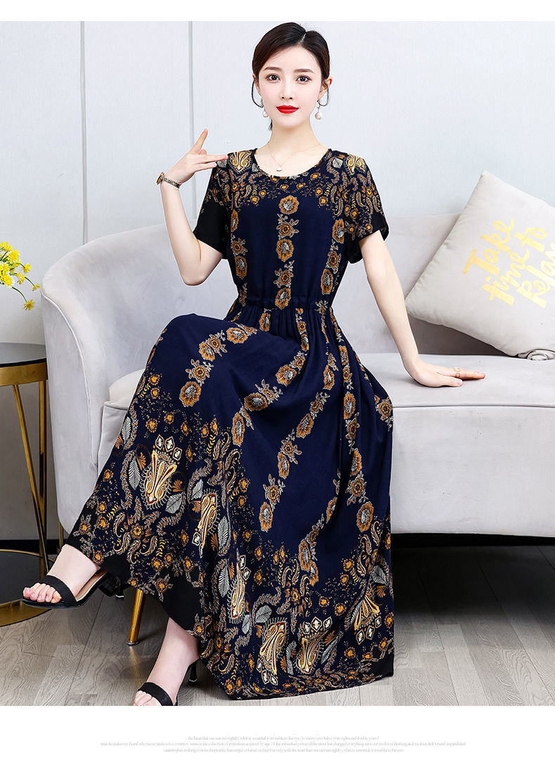 女装新款棉绸连衣裙夏装中年人造棉过膝碎花大摆裙洋气大码裙子新款