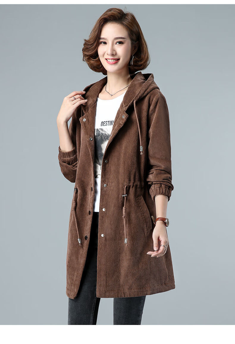 夹棉灯芯绒外套女秋冬2021新款中年大码连帽中长款风衣咖啡加棉冬款