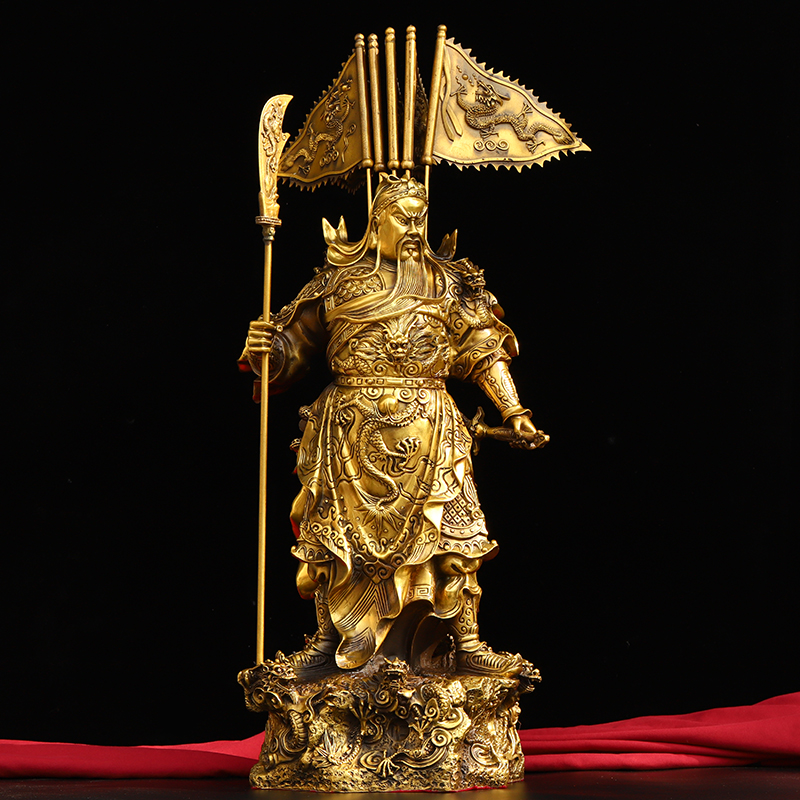 启珀 纯铜武财神背插五旗九龙关公摆件家居办公室供养装饰乔迁开业