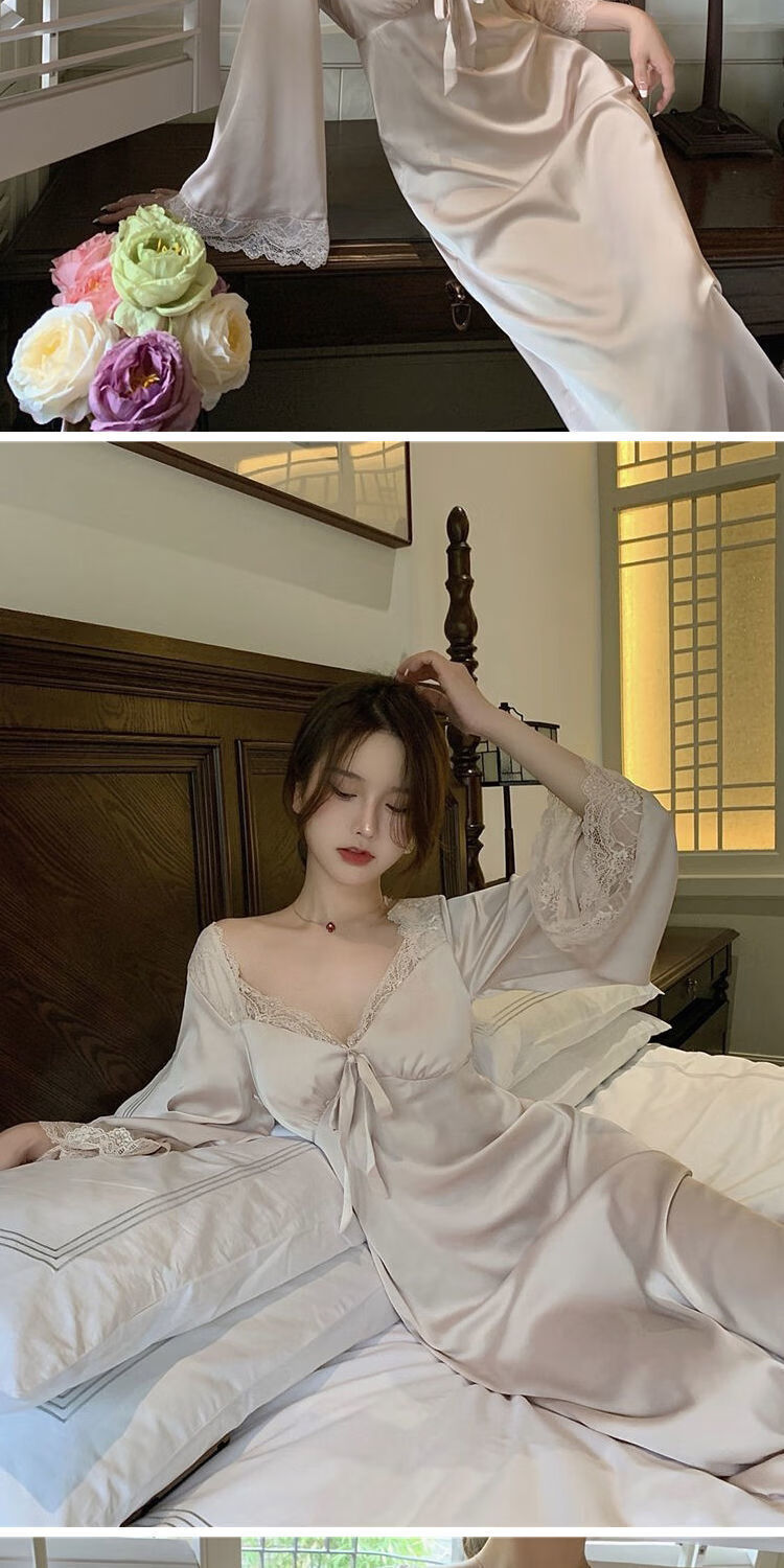 蕾丝睡衣女春夏季长袖睡裙少女公主风法式蕾丝性感宫廷公主v领蝴蝶结