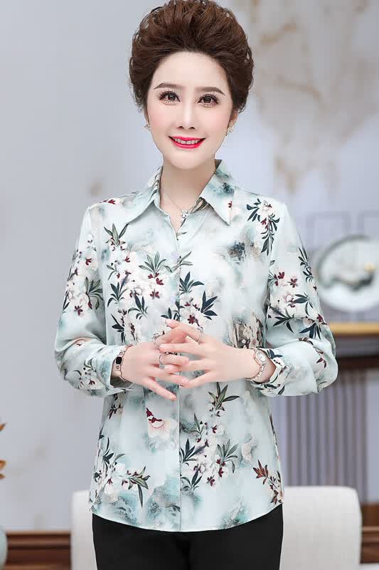 女装衬衫新款妈妈装春秋衬衫花色上衣洋气中老年女夏季新款长袖衬衣薄