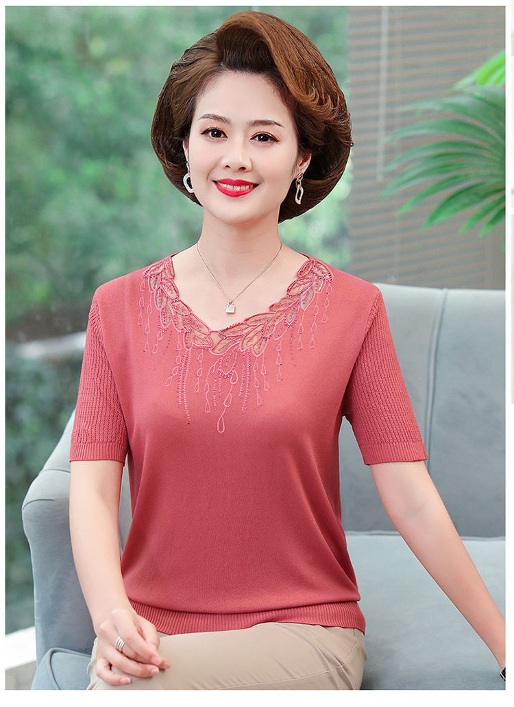 中年妇女短袖冰丝t恤夏季40岁50妈妈装体恤中老年人短款针织上衣浅