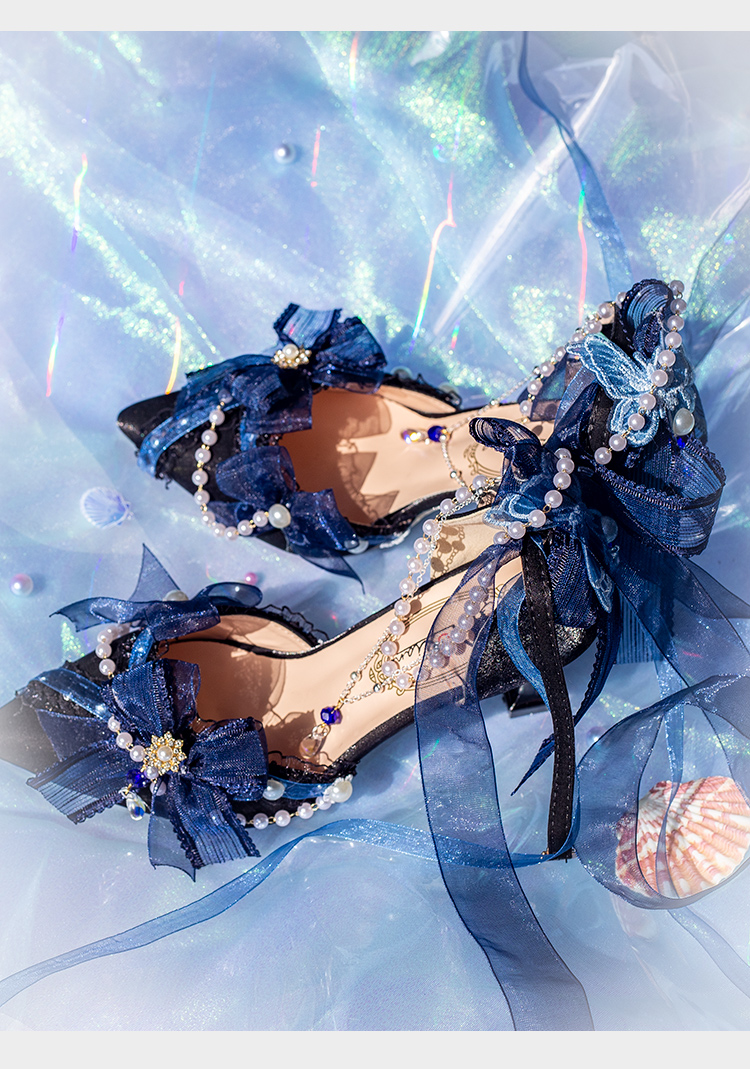 洛丽塔鞋子法式少女lolita高跟鞋lo鞋花嫁洛丽塔沉汐细闪尖头高跟鞋深