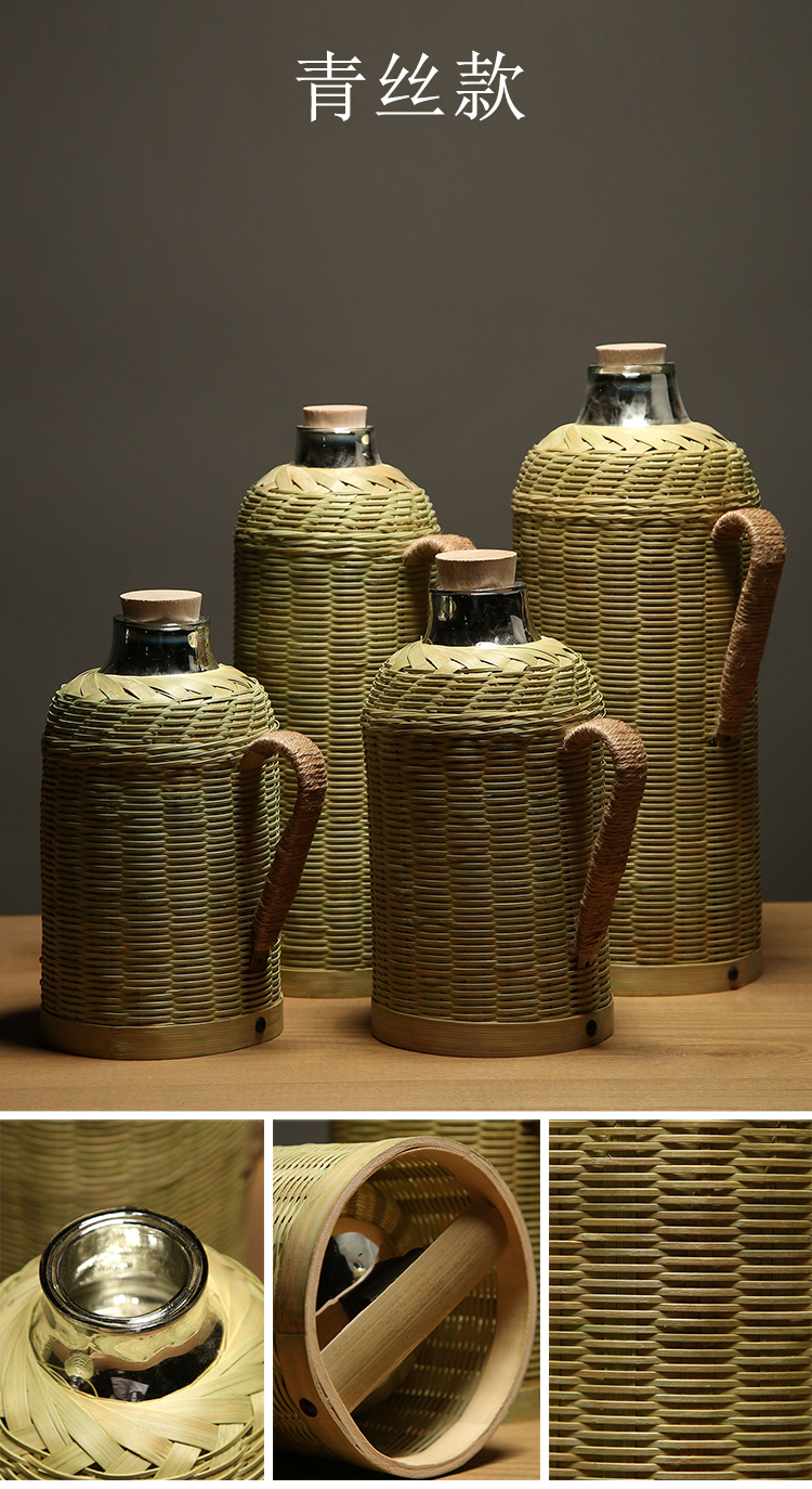 手工竹编怀旧热水瓶带盖老式复古暖壶茶瓶暖瓶木塞水壶餐厅开水瓶16宽