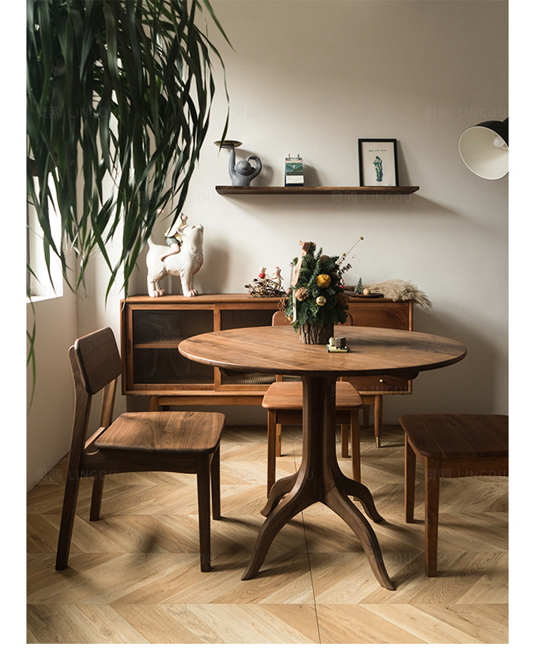 灵鸥北欧实木圆桌黑胡桃木餐桌小户型餐桌椅组合圆形家用洽谈桌黑胡桃