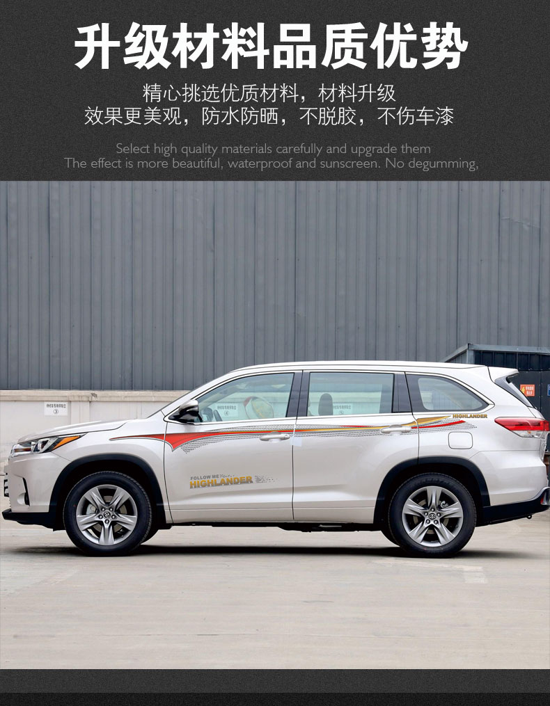 丰田汉兰达改装专用装饰车贴腰线车门贴纸车身原车彩条拉花款三两侧