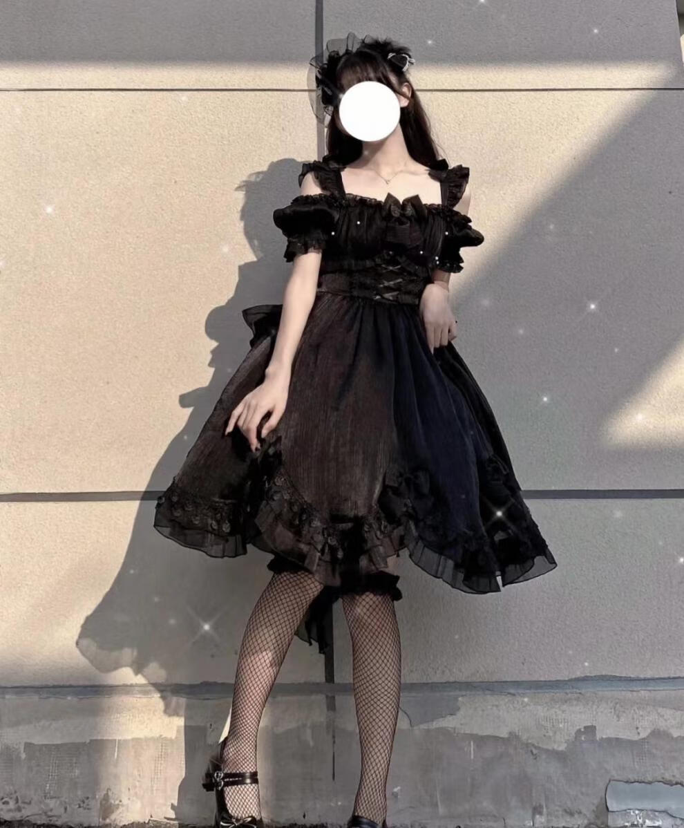 色小天鹅lolita连衣裙洛丽塔洋裙甜美日常仙女裙现货 黑色不露背 拖尾