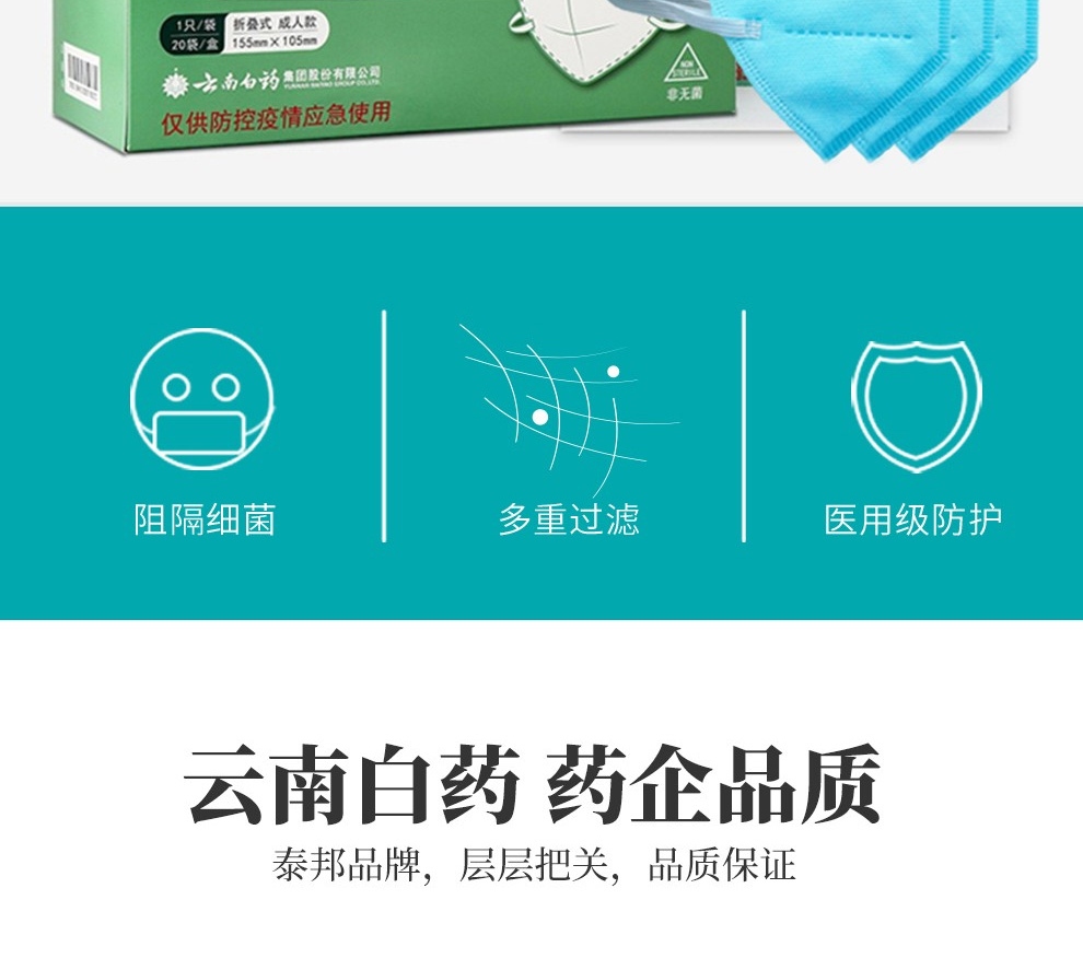 【药房直售】云南白药泰邦防护口罩一次n95口罩轻薄透气防粉尘颗粒物