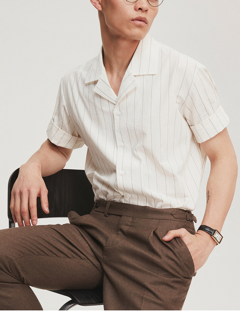 fullmonty夏季米白色条纹古巴领衬衫男士休闲修身薄款短袖纯棉衬衣本