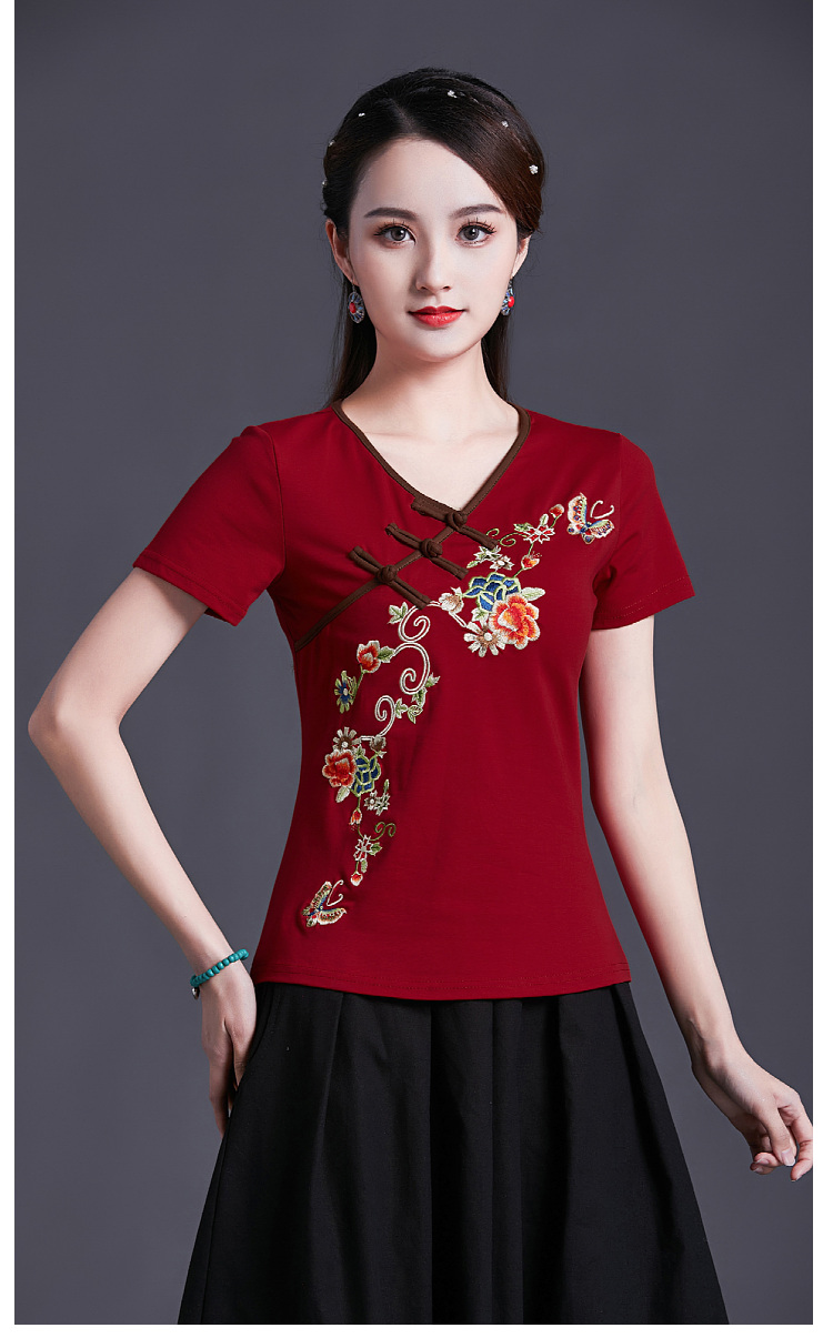 唐装女上衣夏天穿的中式民族风女绣花短袖夏季t恤血桖体上衣中国风
