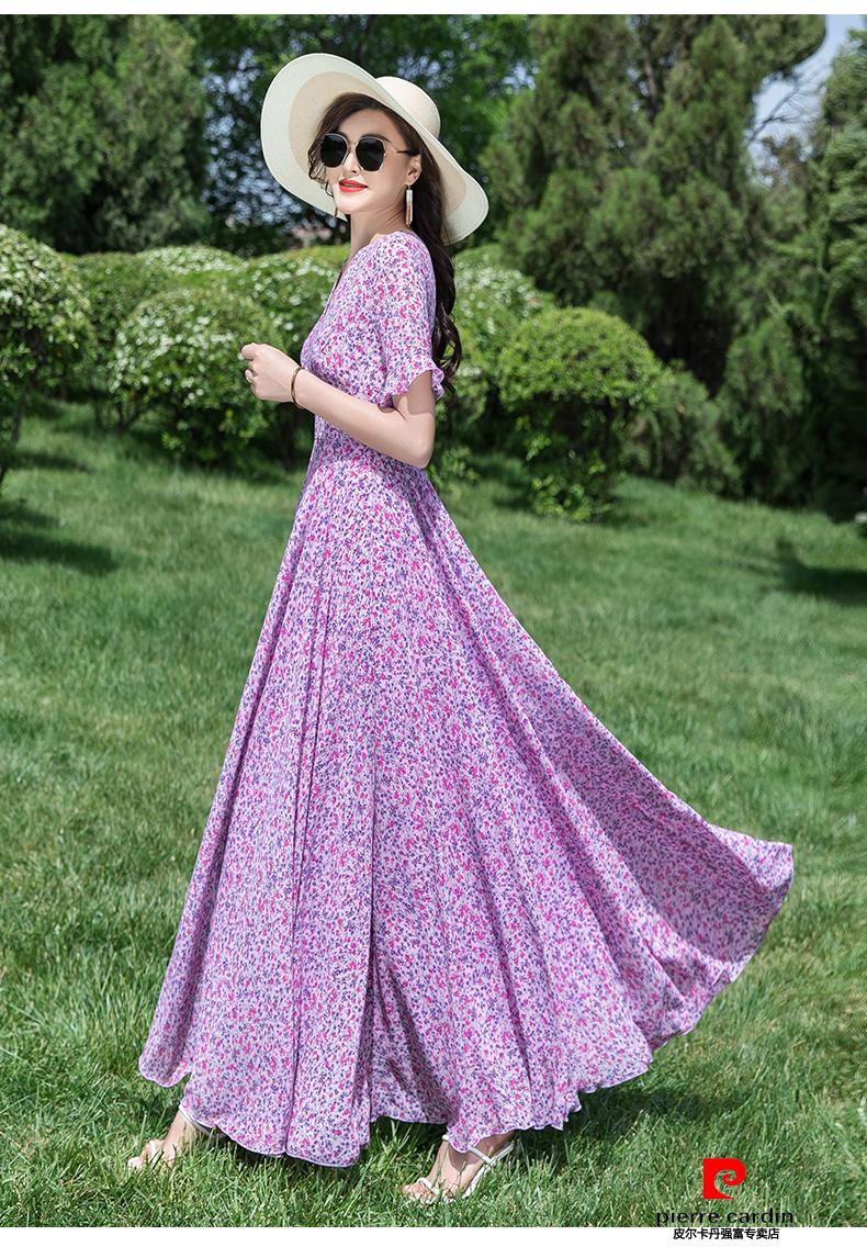雪纺大摆长款收腰连衣裙女气质显瘦裙子波西米亚长裙针织紫色碎花l