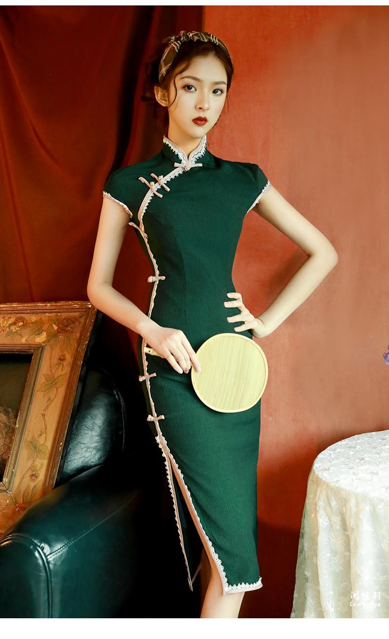 樵廿改良版旗袍少女新式复古时尚中国风绿色连衣裙短款夏季日常生活装