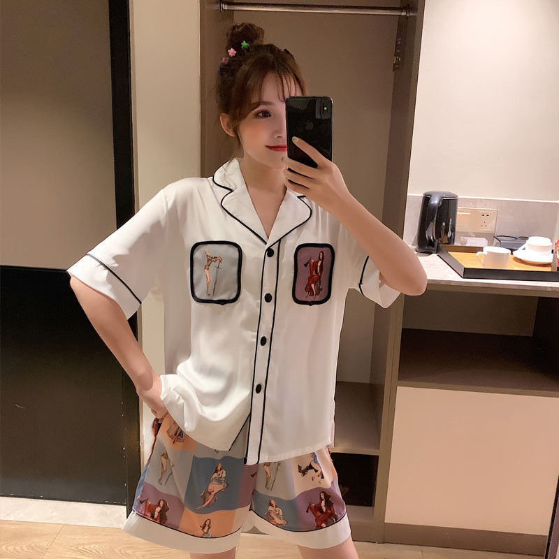 黛美儿冰丝睡衣女夏季短袖学生韩版可爱两件套装外穿薄款开衫女士家居