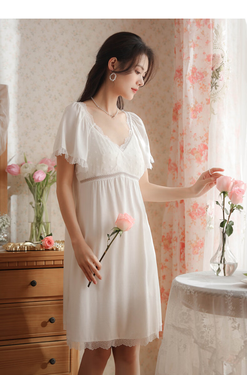 沐茵莎复古宫廷风睡裙夏带胸垫公主短袖棉睡衣蕾丝v领中长可外穿家居