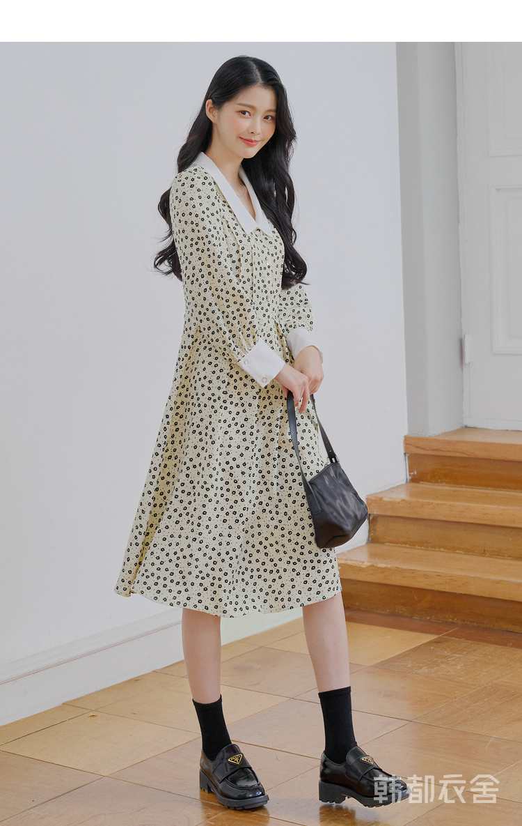 韩都衣舍碎花连衣裙女2021夏季新款宽松印花中长款裙od20104兴杏色m