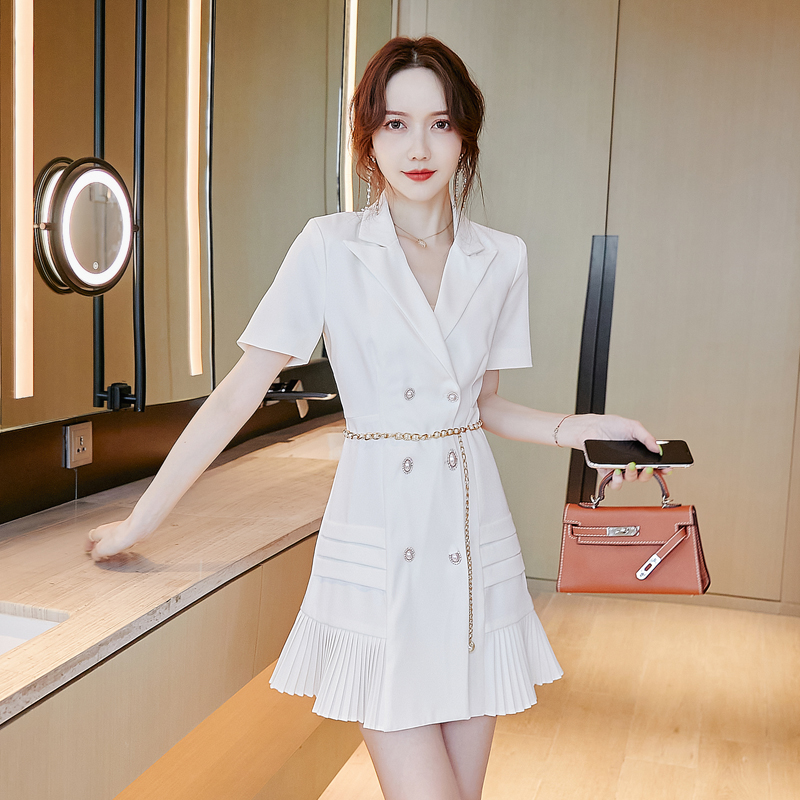 xina香港潮牌黄色v领西装连衣裙女夏2021新款法式礼服修身气质小裙子