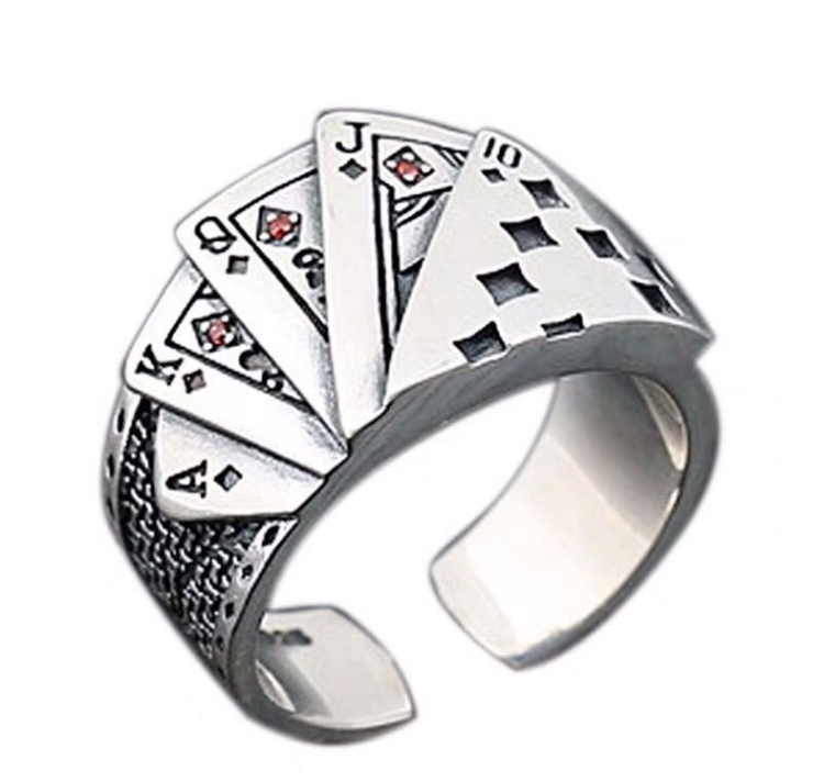 欧美戒指男霸气黑桃同花顺戒指单身男女个性扑克牌指环复古开运方块