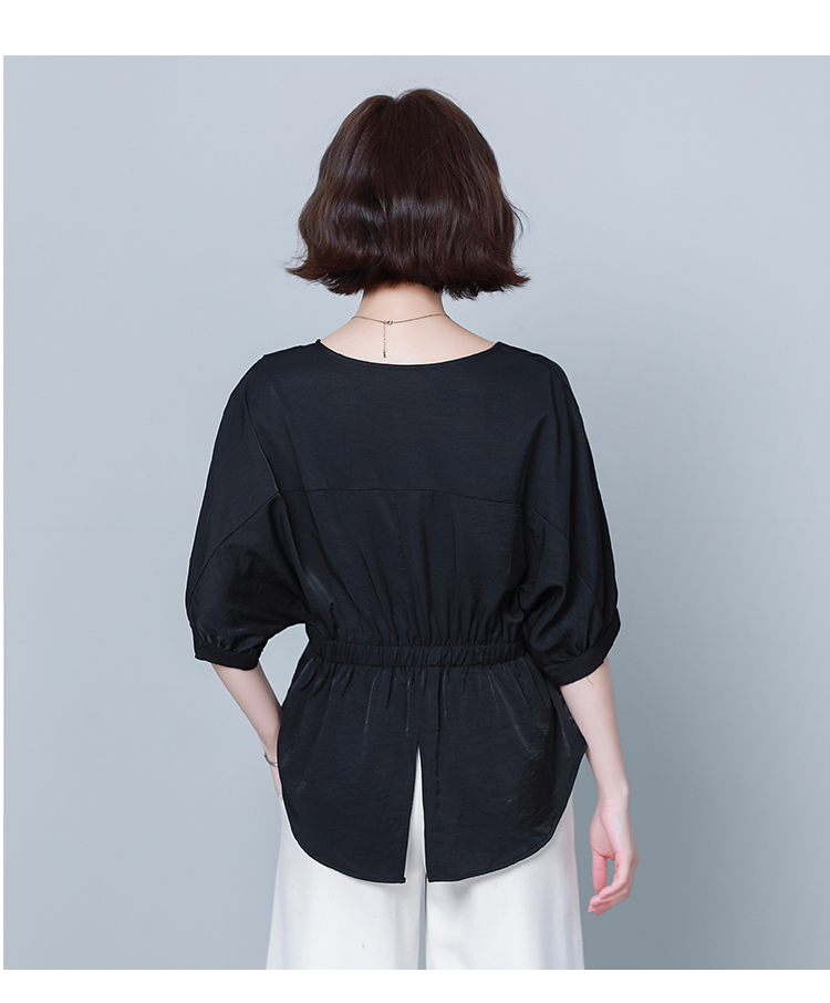 蝙蝠袖雪纺衫女士短袖妈妈夏装洋气小衫后开叉中袖收腰遮肚子上衣黑色