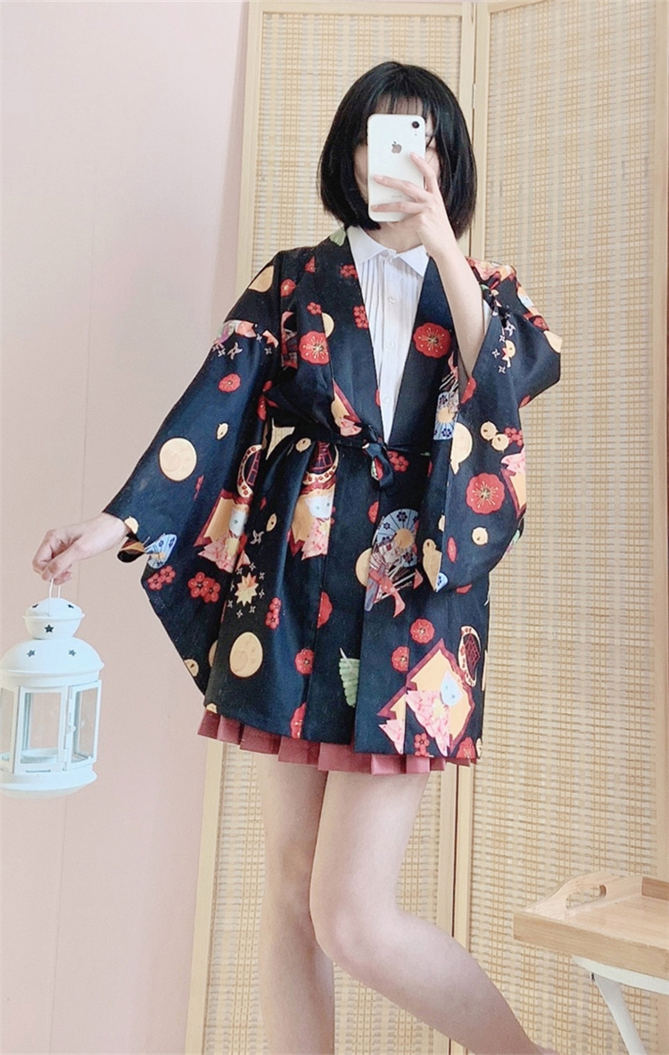 日系软萌妹开衫和服浴衣和风羽织可爱少女晒上衣短外套女酒红羽织均码