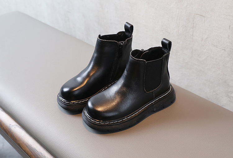 海澜优选儿童牛皮黑色皮靴2021秋冬新款童靴男童英伦风单靴女童烟筒