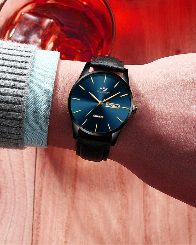 fourron手表男士日历时尚休闲商务男腕表薄泛蓝光玻璃黑色钢带石英表