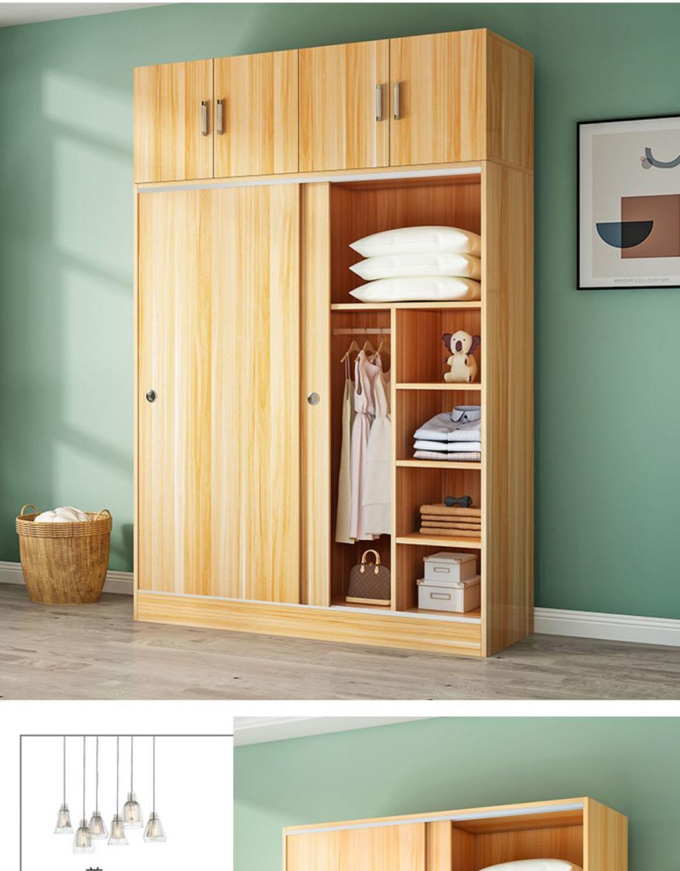 推拉门衣柜家用卧室现代简约房用经济型实木质收纳小户型柜子浅胡桃白