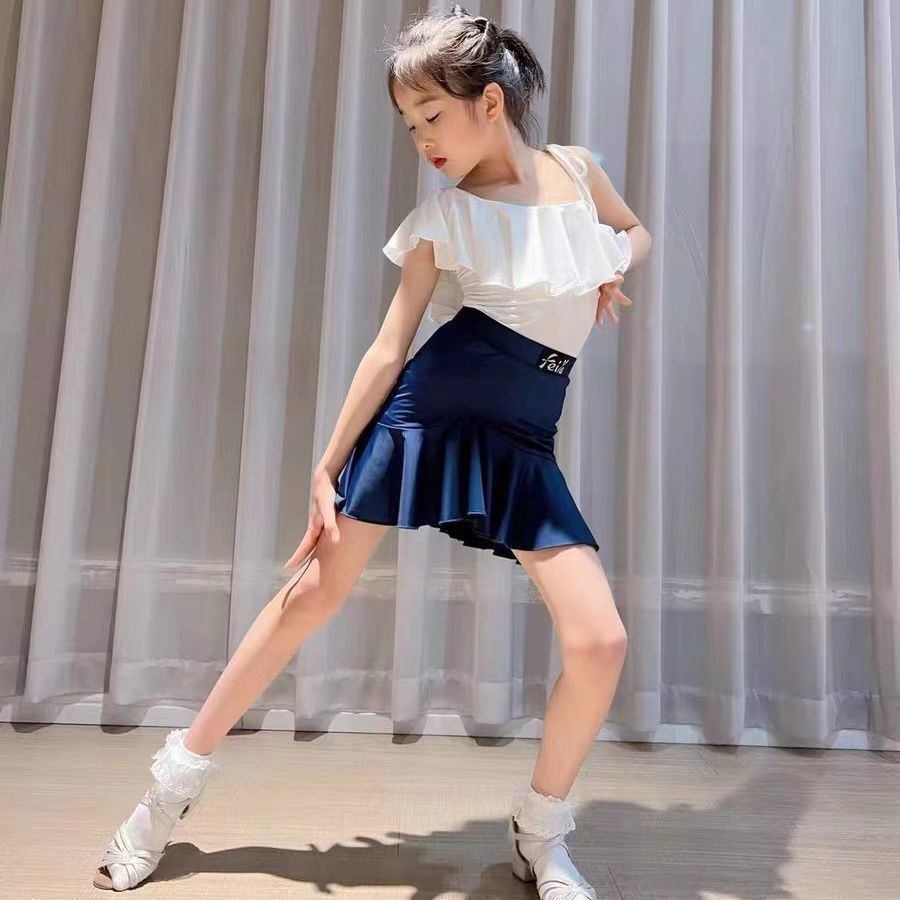 阕魍怡 拉丁舞服女童夏季露背分体裙子白色套装荷叶边跳舞 白色上衣