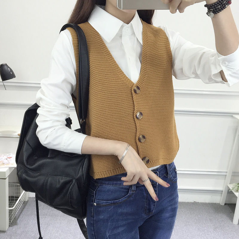 春秋新款针织女毛线马甲背心宽松无袖毛衣坎肩开衫v领短款小马夹灰色l