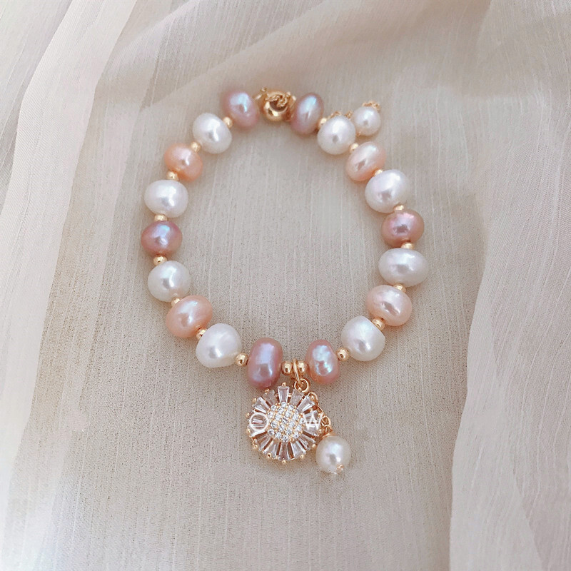 钟秀天然彩色巴洛克珍珠手链小雏菊花朵水晶吊坠可调节包金手链女超仙