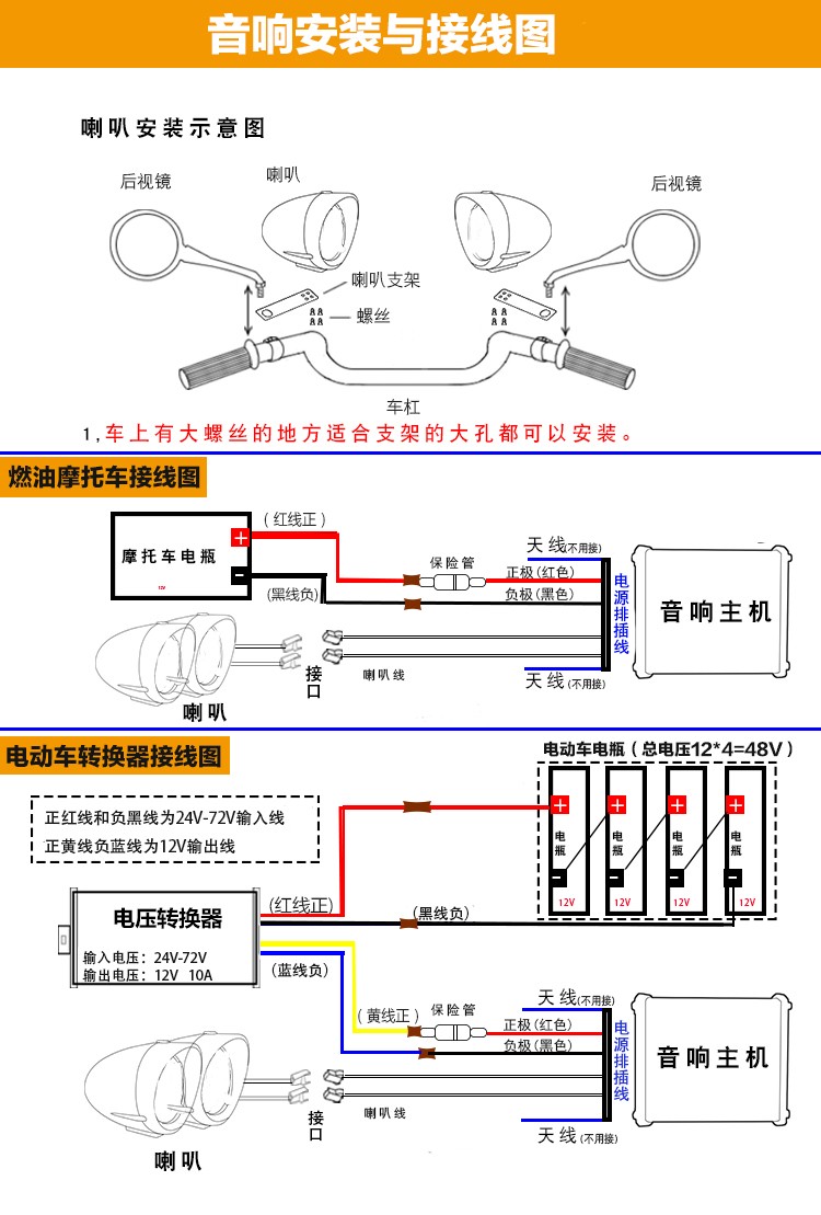 踏板车鬼火 音箱雅马哈本田五羊铃木地平线盗器 低音炮带蓝牙 黑色