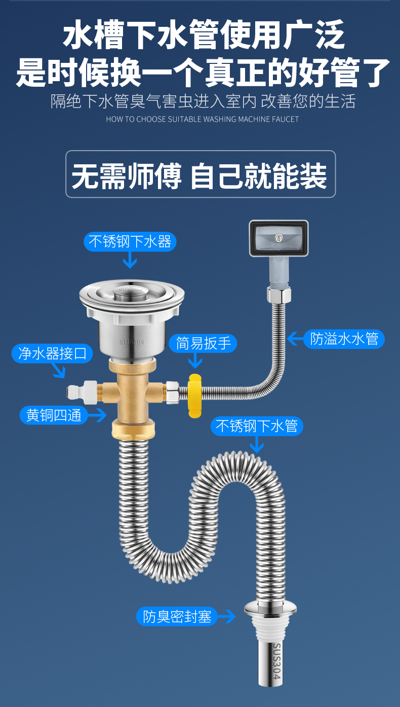 厨房洗菜盆下水管配件304不锈钢洗碗池单槽下水器防臭排水管套装正宗