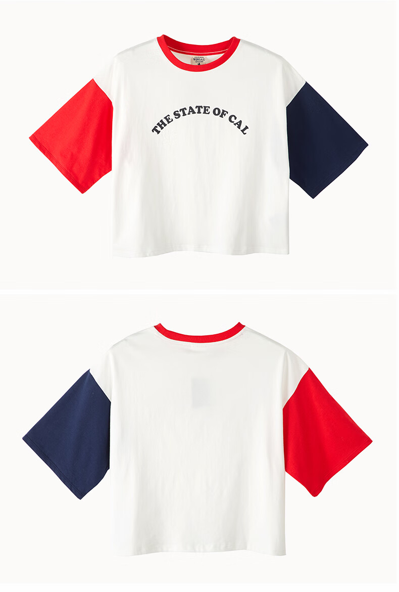 whoau短袖t恤女夏新款字母印花拼接袖t恤潮 红蓝 160