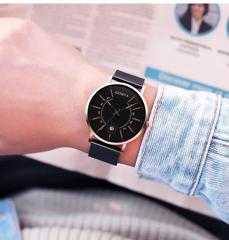 韩版时尚男士合金网带石英手表男款网红ins休闲日历学生皮带手表棕色