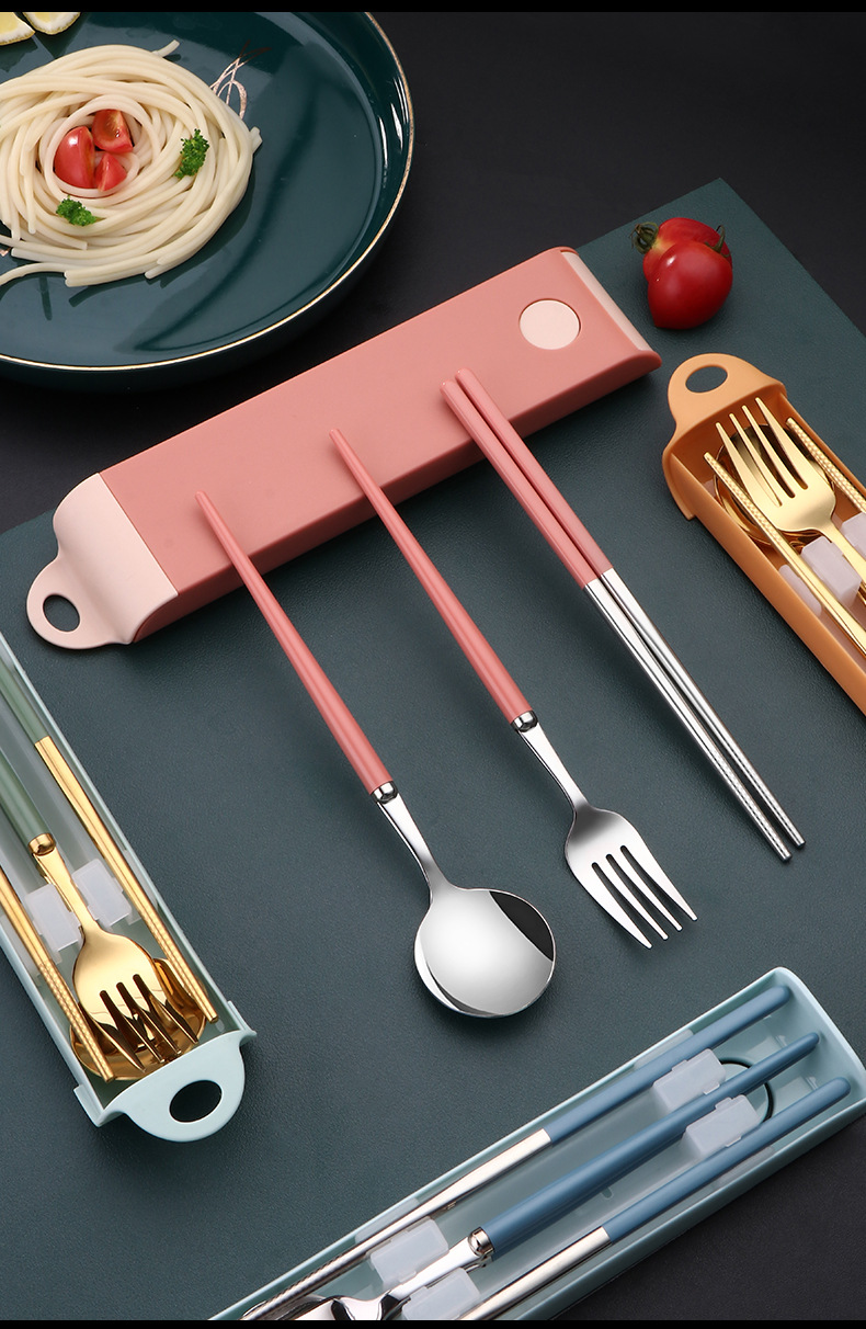 筷子勺子便携餐具三件套装学生收纳餐具盒外带316l三件套深蓝金色