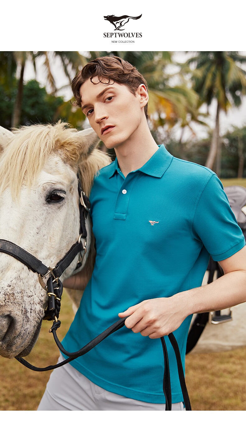 七匹狼短袖t恤衫男士翻领男时尚商务休闲纯色小狼标刺绣经典纯棉polo