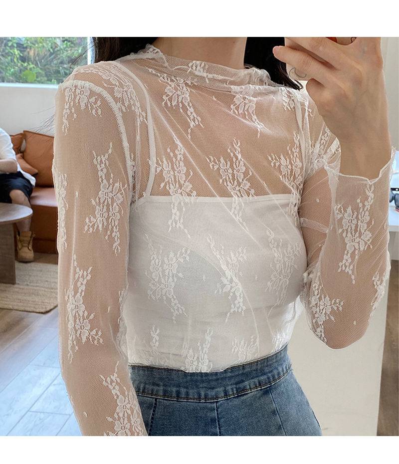 镂空新款白色网纱女薄纱透明春秋打底衫女士秋装上衣体桖衫丅女式雷丝