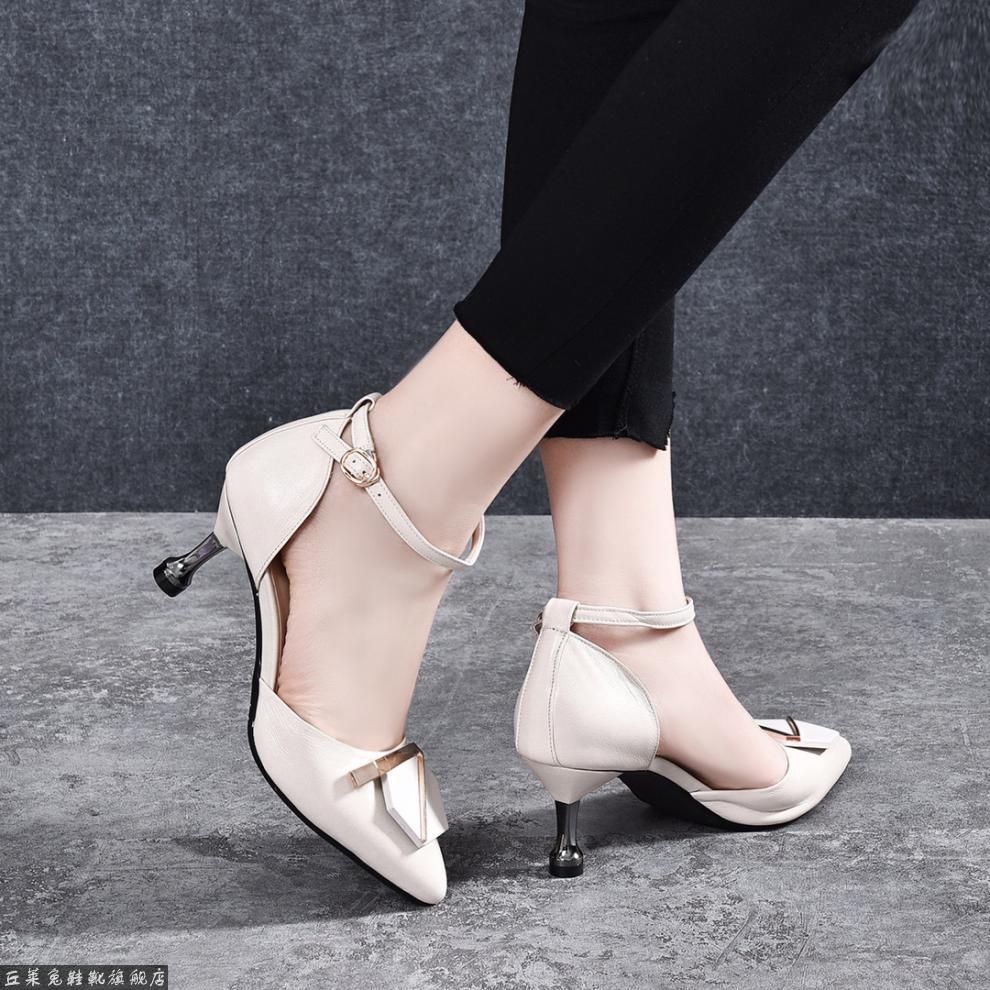 软羊皮鞋女单鞋半高跟软皮女鞋春秋季天穿的夏季半包头真皮女中跟尖头