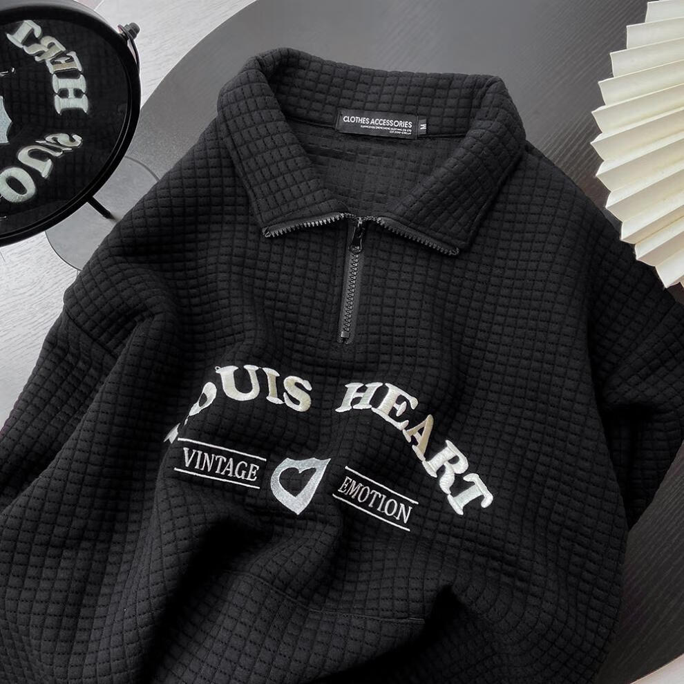 华夫格半拉链卫衣设计感翻领秋冬薄款宽松学生情侣超火炸街上衣黑色m