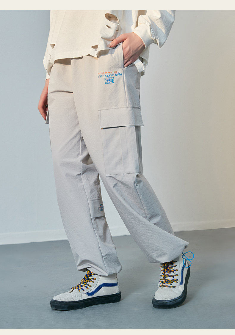 小恶魔鬼脸潮牌运动休闲裤男时尚简约大口袋抽绳束脚长裤子男浅灰色m