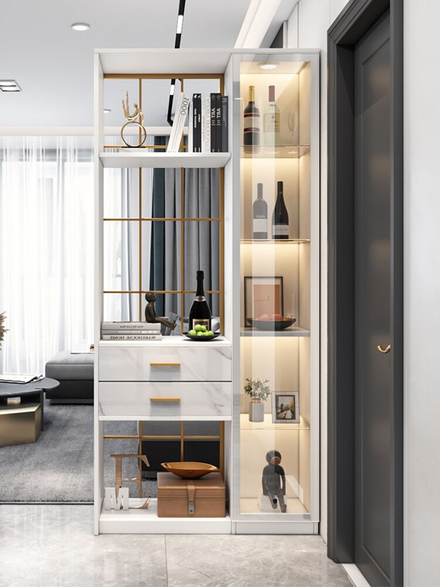 汉权酒柜客厅隔断轻奢玻璃门门厅小户型隔断入户屏风储物酒柜客厅现代