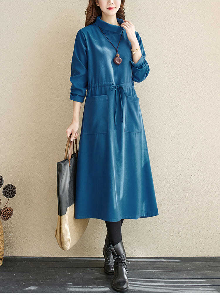 恒源祥彩羊特价捡漏复古文艺棉质连衣裙女加厚秋冬季显瘦半高领长裙子