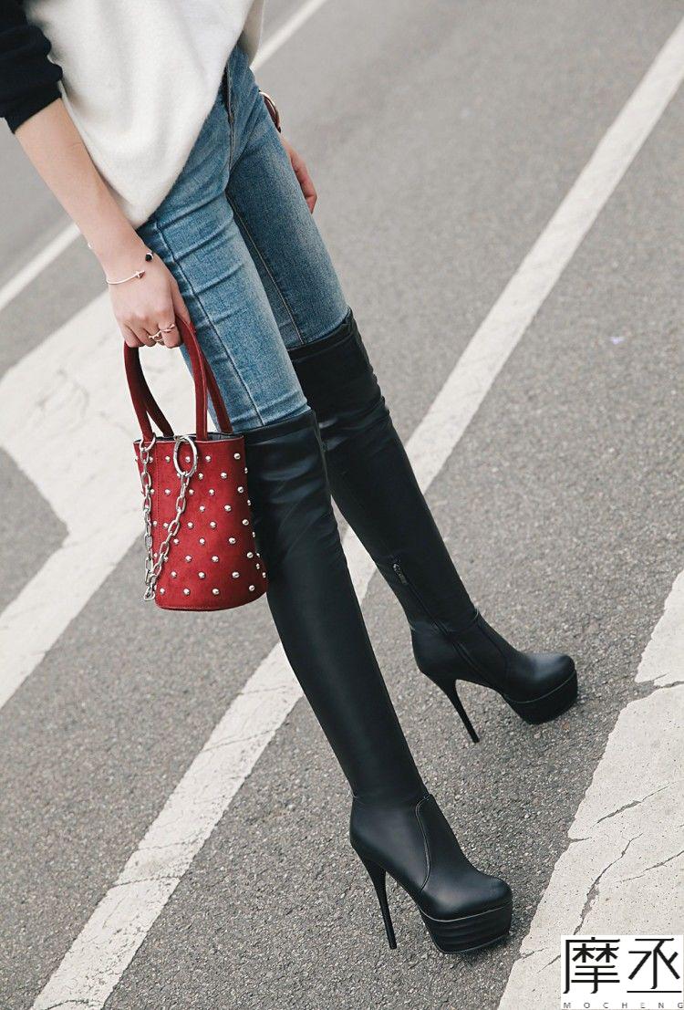 摩丞(mc)2021秋冬季大码高筒靴女鞋子夜店性感超高跟细跟白色过膝长靴
