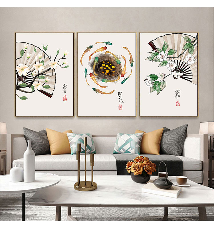 中国风家里墙上挂画客厅餐厅挂画新中式客厅装饰画三联中国风沙发背景