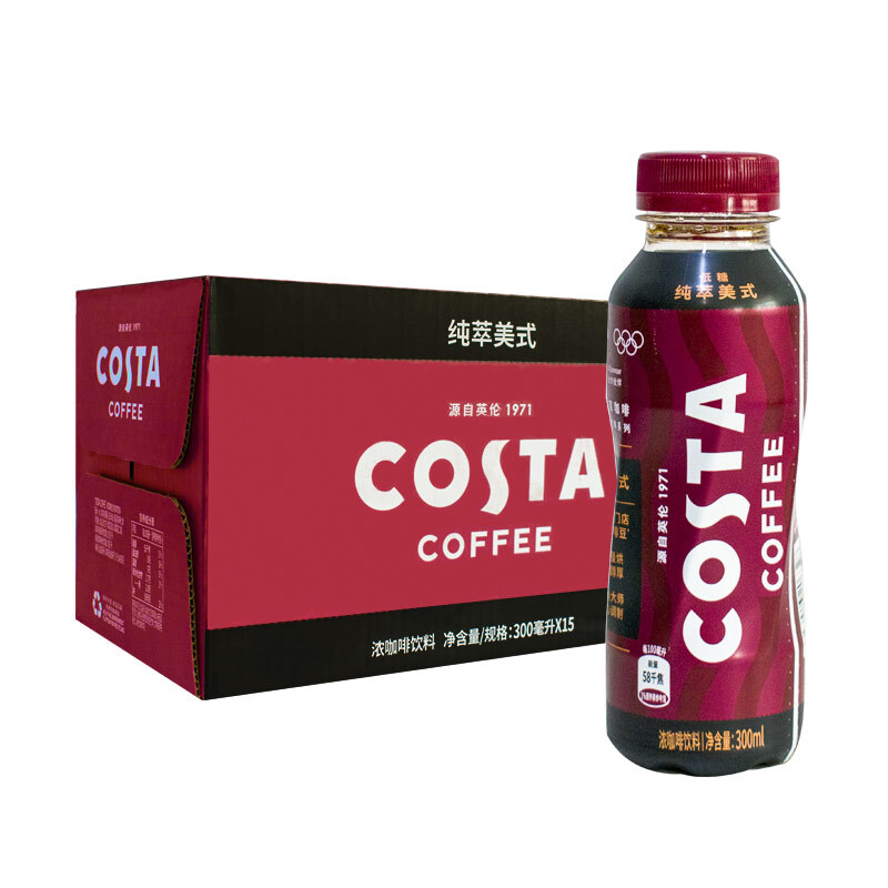 可口可乐costa咖啡醇正拿铁美式黑咖啡300ml*15瓶装 整箱 透明 (限时