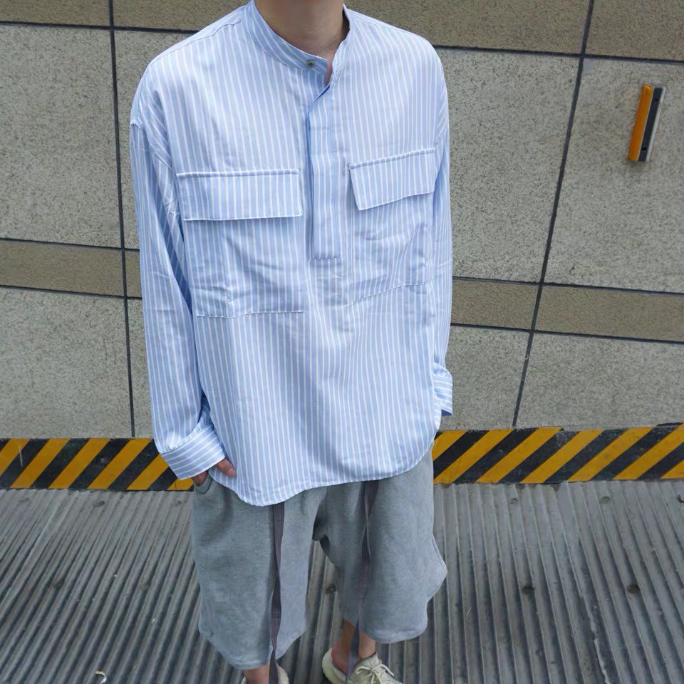 fog第六季主线纽扣条纹亨利领衬衫高街潮牌overseas长袖衬衣男女黑色